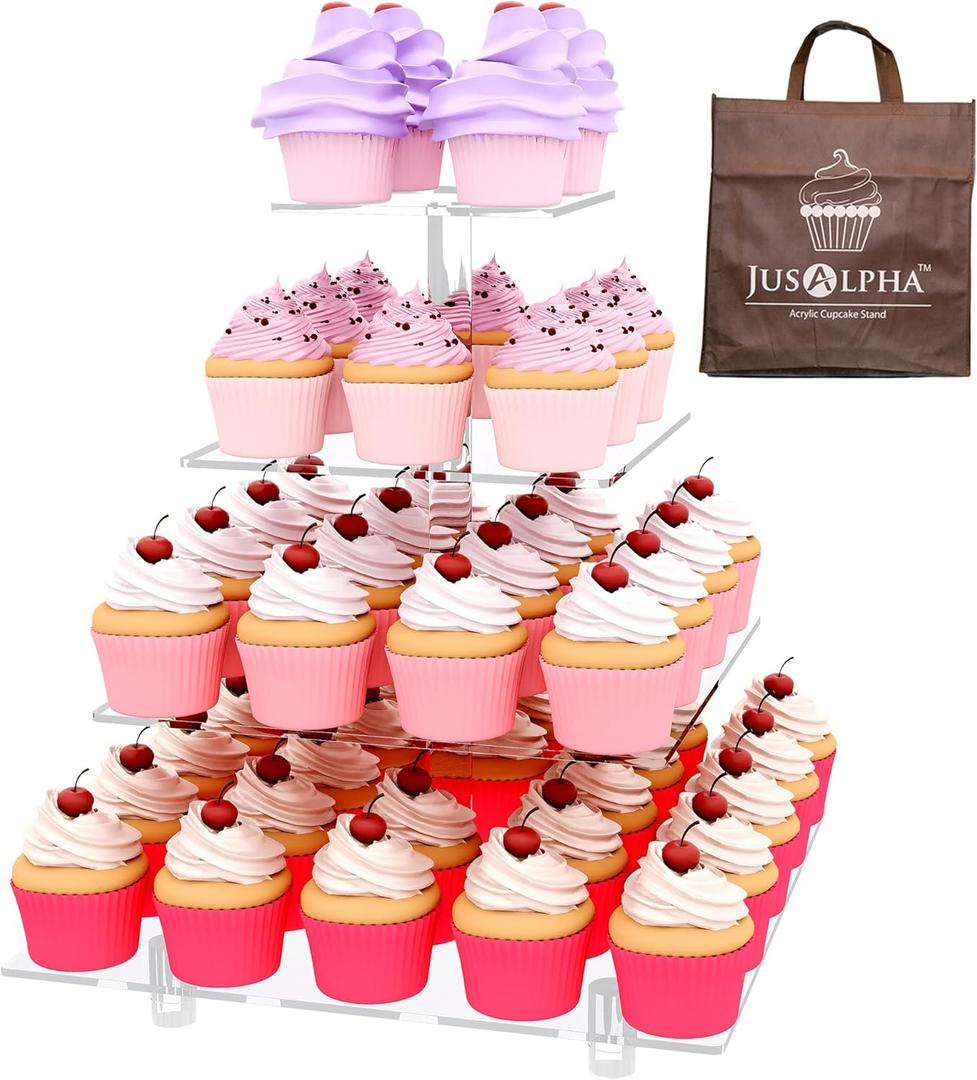 Jusalpha Large 4 Tier Cupcake Stand Square Acrylic Cupcake Tower Stand for Dessert, Pastry, Serving Platter-Candy Bar Party Dcor and Supply(with Rod Feet) (4SF-V2)
