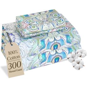 MCO 100% Cotton Sheet Set Floral Printed, 300 Thread Count Cotton Queen Sheet Set, 16" Deep Pocket, Breathable Cooling Sheets 4 Pieces (Queen, Paisley)