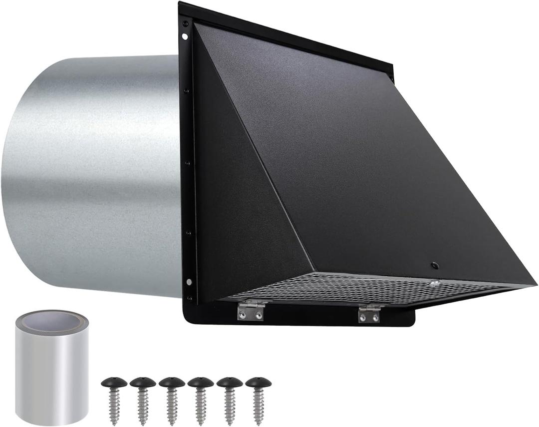 6 Inch Hooded Wall Vent with Screen and Damper,6 Inch Wall Exhaust Vent Cover Dryer Ventilation Cap Exterior for Kitchen Range Hood Air Exhaust,External Extractor w/Non Return Flap,Galvanized Steel (Black)