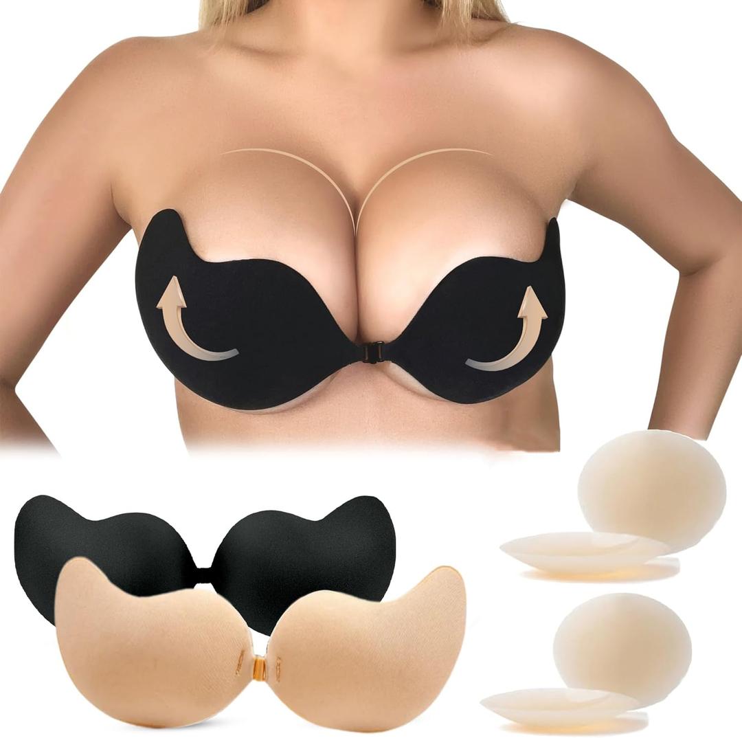 Sticky Bra Adhesive Bra Backless Reusable,Silicone Bra,Sticky Push-Up Bra & Water Proof Nipple Covers (Black and Beige)