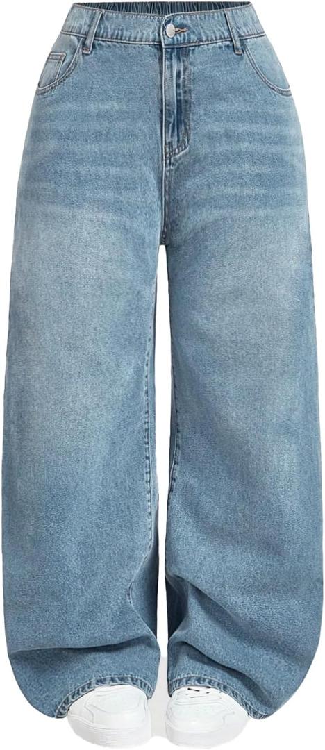 High Waist Wide Leg Jeans, Light Blue Denim, Elastic Waistband, Baggy Fit (1X)