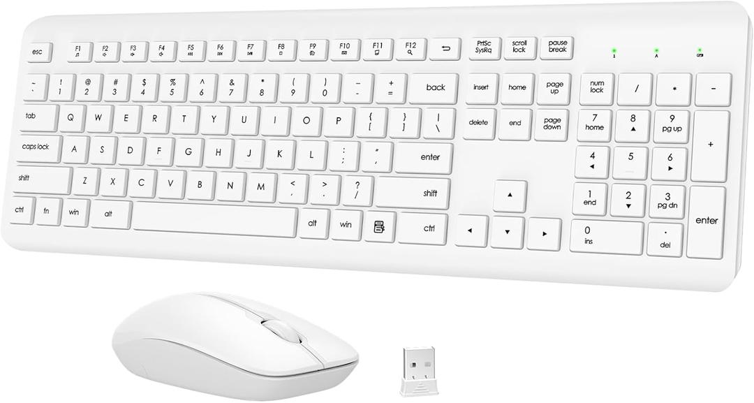 Wireless Keyboard and Mouse Combo, Full-Size Silent Ergonomic Keyboard and Optical Mouse, Long Battery Life, 2.4GHz Lag-Free Cordless Mice Keyboard for Computer, Mac, Laptop, PC, Windows(White)