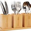 Qivine Acacia Wood Utensil Holder, Wooden Silverware Holder Countertop Utensil Organizer Silverware Organizer with Tray, Kitchen Utensil Organizers for Forks, Spoons, Knives (Bamboo)