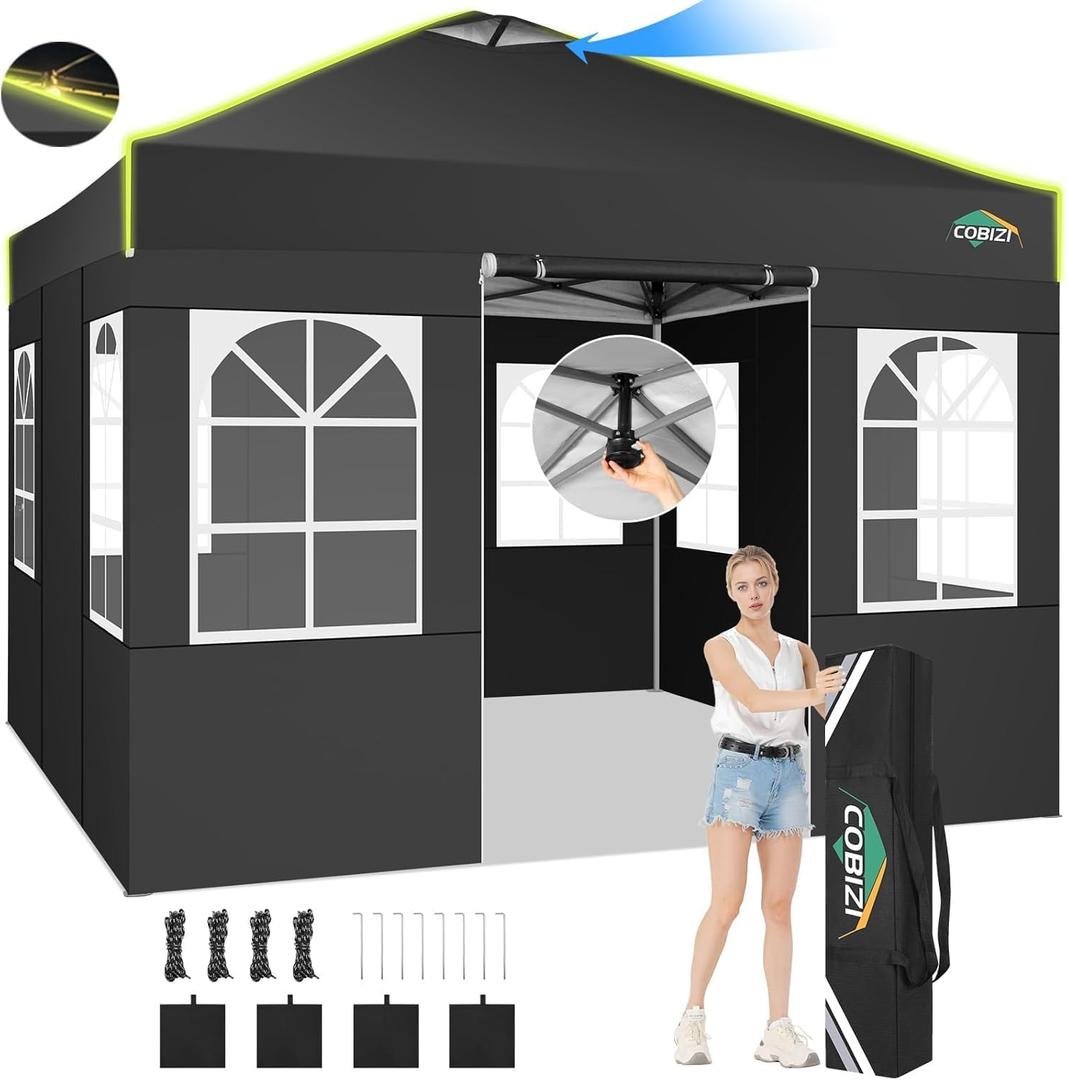 COBIZI 10x10 Pop Up Canopy Tent, Outdoor Party Tent with 4 Sidewall One Push Setup Glow, 3 Adjustable Height Air Vent Waterproof UPF50+, Bag, 4 Sandbag, 8 Stake, 4 Rope for Beach, Commercial (Black)