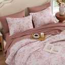 Andency Flower Queen Quilt Set, 3 Pieces Pink Soft Floral Bedspread, Queen-XL