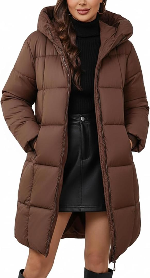 Women's Hooded Long Puffer Coat Winter Warm Full Zip Lightweight Quilted Jacket with Pockets (Large, Brown)