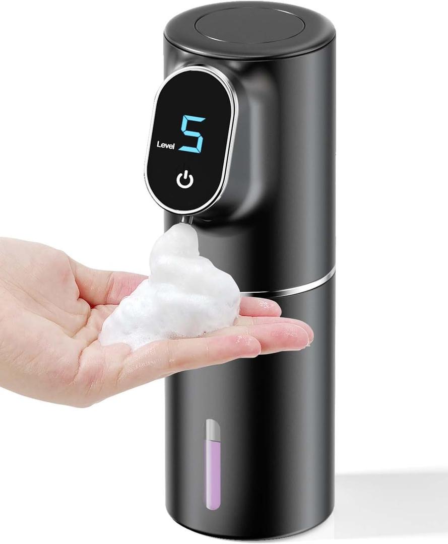 Automatic Soap Dispenser,Kitchen Bathroom Foaming Soap Dispenser,USB Type-C Rechargeable,Long Battery Life,Hands-Free Touchless,5-Level Adjustable,320ML 10.8OZ,IPX6-Waterproof (Foam-Black)