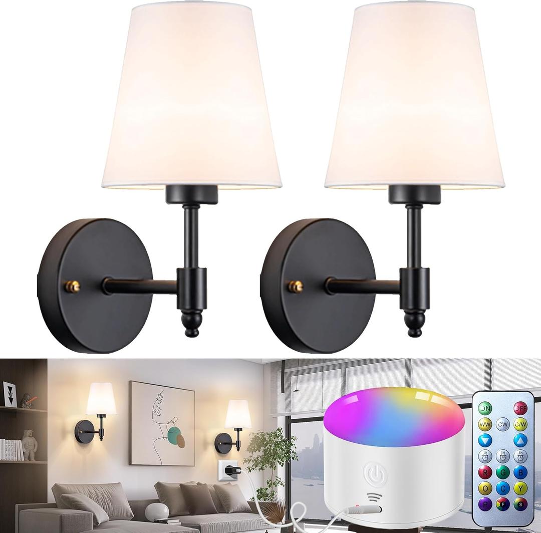 YHCDLAMP Battery Operated Wall Sconces Set of Two, Rechargeable Wireless Wall Lights with 10000mAh RGB Dimmable Detachable Bulb, Battery Sconces Wall Decor with Remote for Bedroom Living Room Hallway (Black-11.8inch)