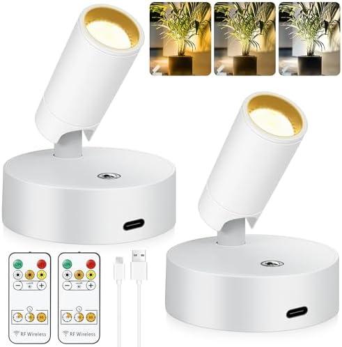 2 Pack Wireless LED Spot Lights Indoor Battery Operated with Remote, Rechargeable Up Lights Indoor with Timer＆Dimmable, 3CCT Picture Lights for Wall, SpotLights Accent Uplighting for Plant -White