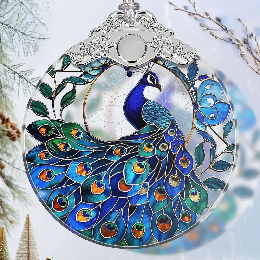 Stained Glass Suncatcher Ornament - Peacock Christmas Decorations - Christmas Ornaments for Tree - Holiday Present Ideas - Gift Exchange