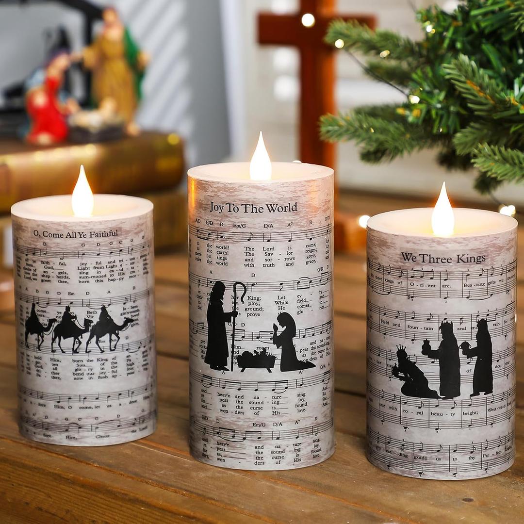 Baquler Nativity Candle Set of 3, Flameless LED Pillar Candles with Christian Hymn Sheet, Battery Operated Christmas Candles for Home, Church, Religious Holiday Table Decorations (4.9'', 5.9'')
