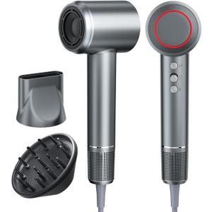 Hair Dryer, Blow Dryer with Diffuser - 110,000 RPM High-Speed Ionic Technology for Women, Brushless Motor, Low Noise Design with Magnetic Nozzle Attachments