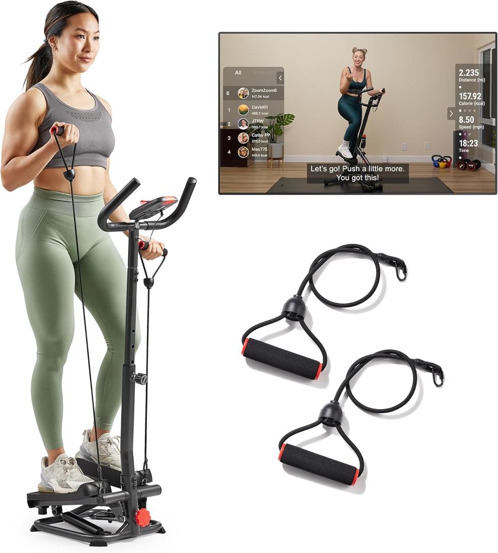 Sunny Health & Fitness Total Body 2-in-1 Smart Stepper Machine for Home with Handlebar and Resistance Bands, Total Body Workout, Adjustable Hydraulic, LCD Monitor, Non-Slip Pedals  330 LB Max Weight (Black)