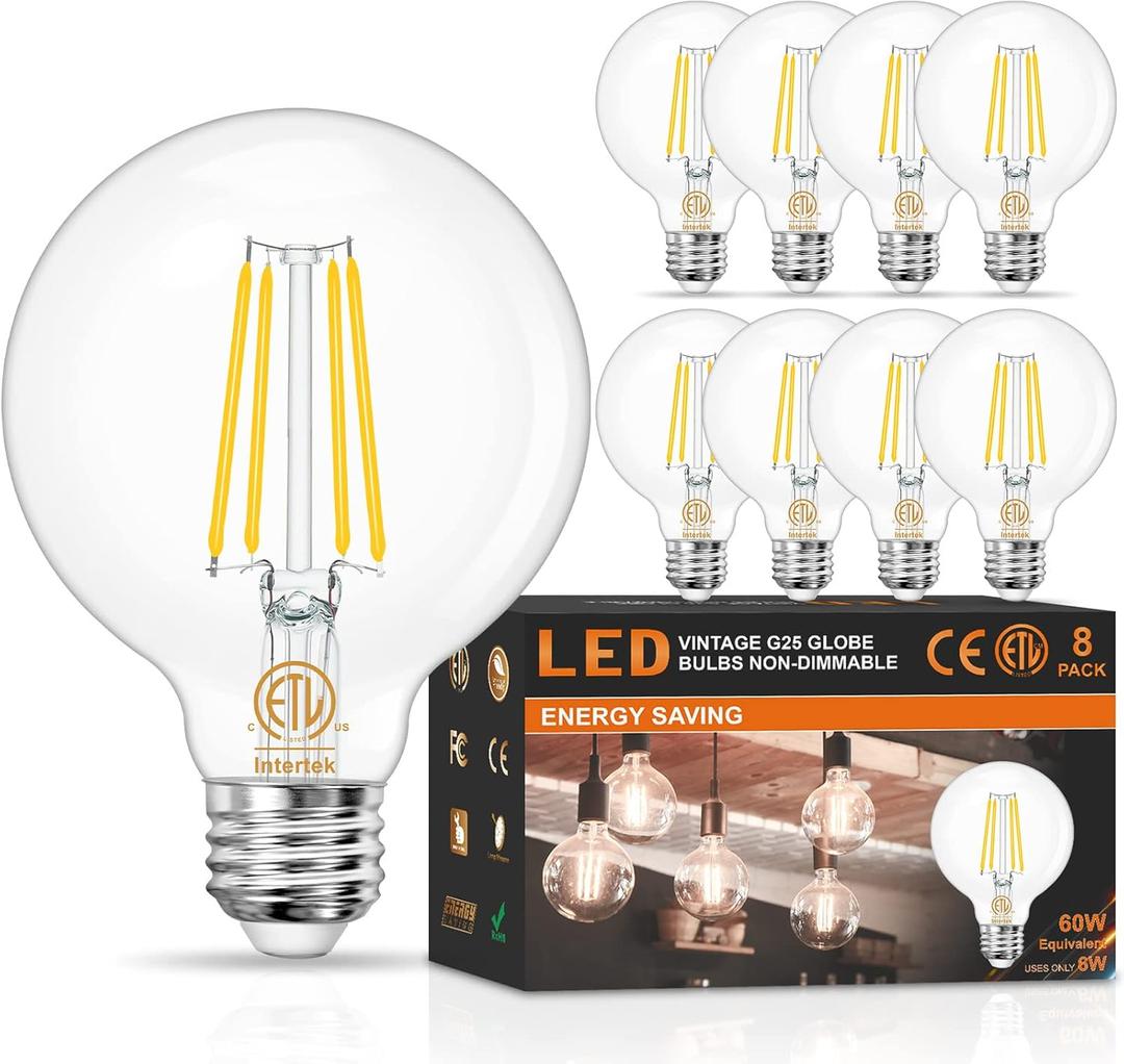 8-Pack LED Bathroom Light Bulbs 60W Equivalent, 4000K Natural Daylight, G25 Globe Edison Light Bulbs E26 Base, 6W Round Vanity Light Bulb with Filament Clear Glass, 600LM, 120V, Non-dimmable