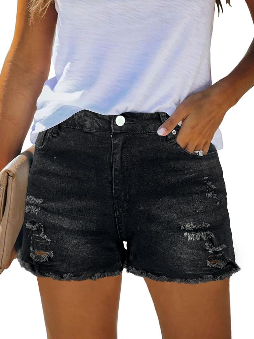 This is a pair of black high-waisted denim shorts featuring frayed hemlines and ripped L