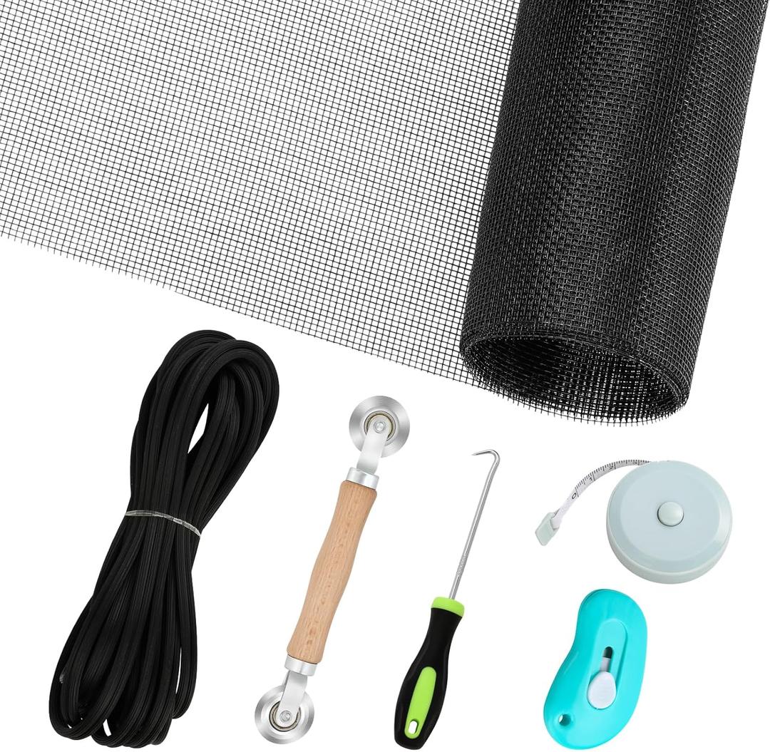 Windows Screen Replacement and Screen Door Repair Kit, 6Pcs Window Screen Fiberglass Mesh Kit - Window Screen & Screen Door Mesh & Screen Porch Repair Kit (Black, 48" x 118")