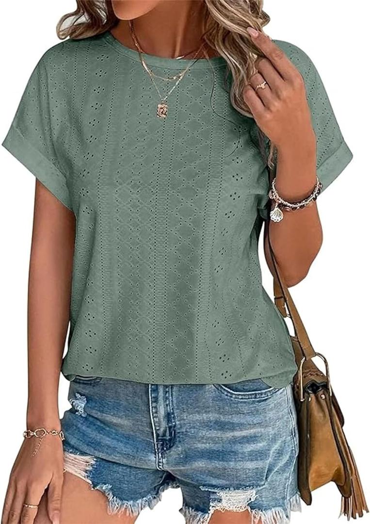 YeonYoonA Women's Eyelet Embroidery Short Sleeve T-Shirt Summer Fashion Clothes Loose Fit Casual Holiday Blouse T Shirt (Green, S)