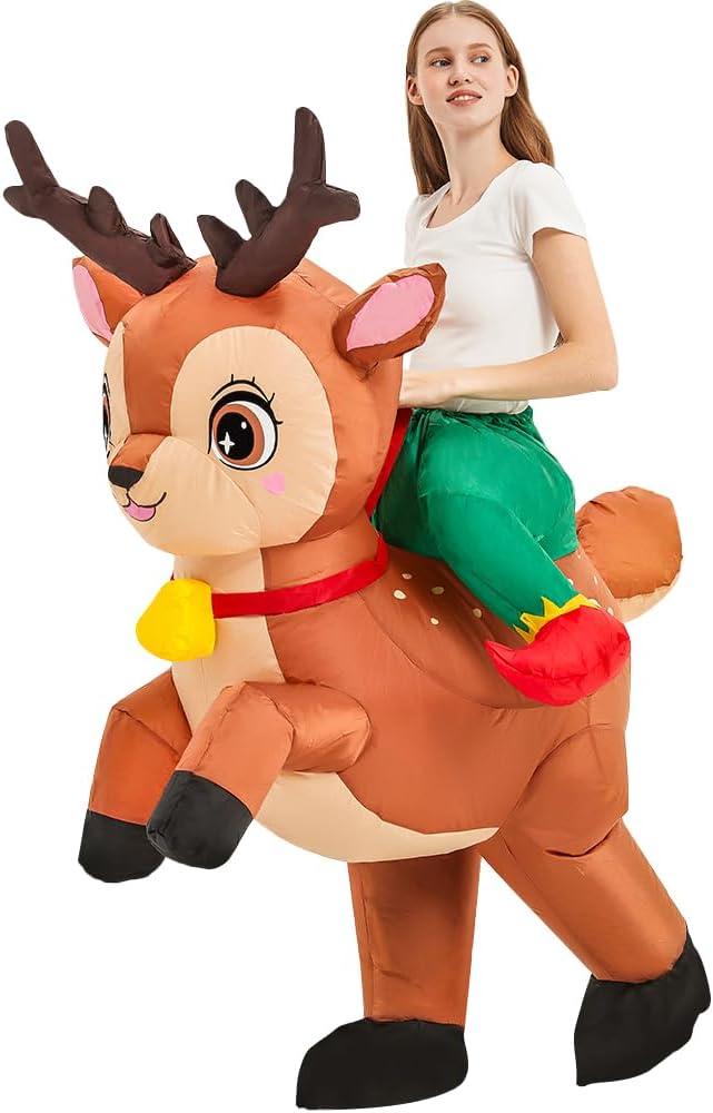JUROSAICA Inflatable Reindeer Costume Adult Blow Up Deer Elk Animal Costumes Ride On Holiday Inflatable Halloween Christmas Costume For Women Men Party