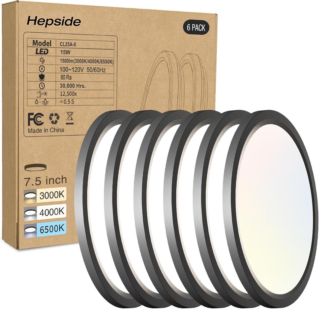 6PACK LED Flush Mount Ceiling Light - 3CCT Selectable 3000K-4000K-6500K & 100W Equivalent Modern Kitchen Recessed Ceiling Lamp 15W 1500Lm 7.5 Inch for Bathroom Closet Laundry Bedroom Hallway (Black)