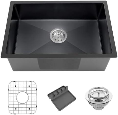 Black Kitchen Sink, Undermount Stainless Steel Bar Sink 27x18x9 Inch Drop In Single Bowl Kitchen Sink With Accessories-Sink Grid, Spoon Rest, Drain Assembly Set For Modern Kitchen Sink