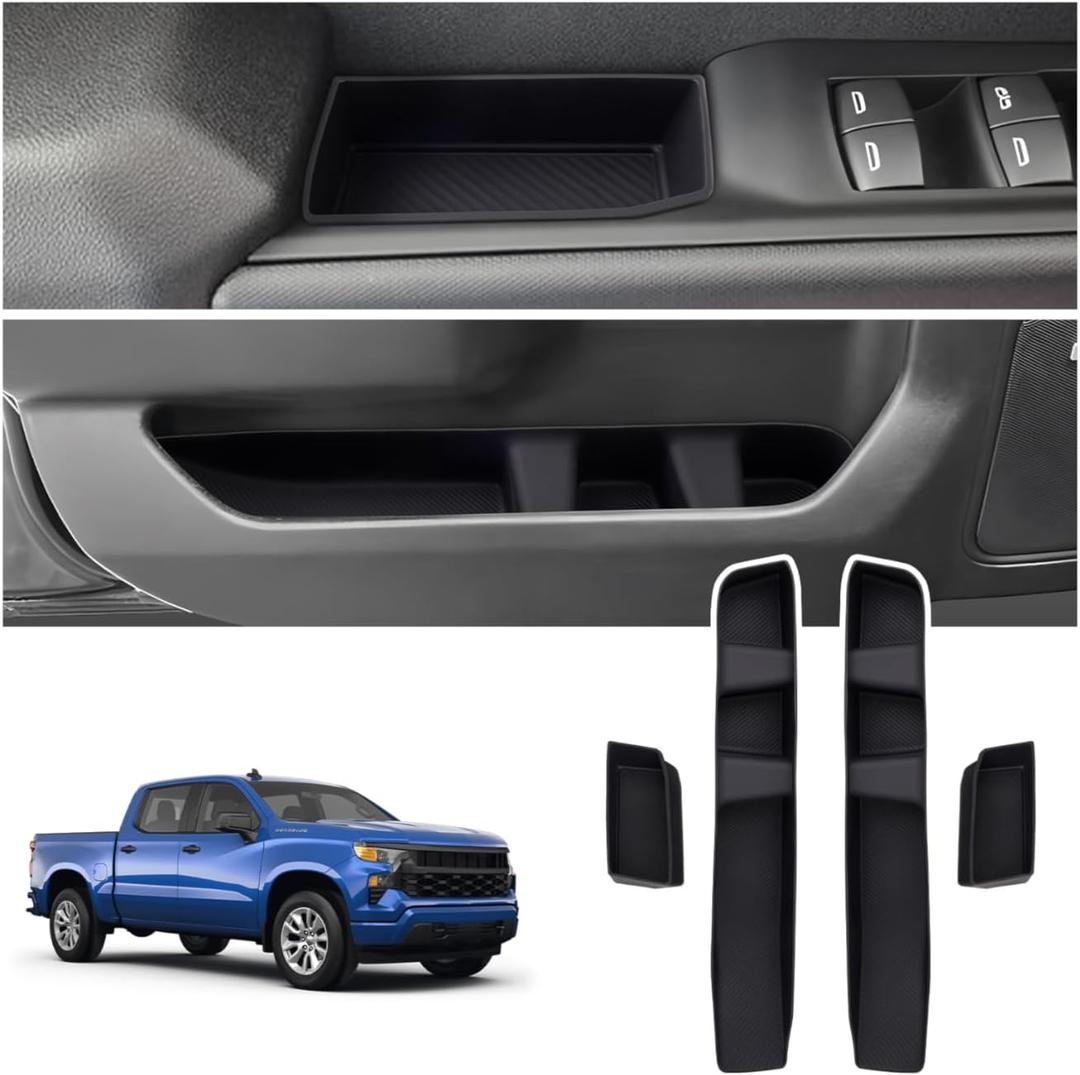 Car Door Side Storage Box for 2022-2025 2026 Chevrolet/Chevy Silverado GMC Sierra 1500 Accessories, Front Door Insert Tray Organizer Handle Slot Phone Pocket Replacement Protector 4PCS