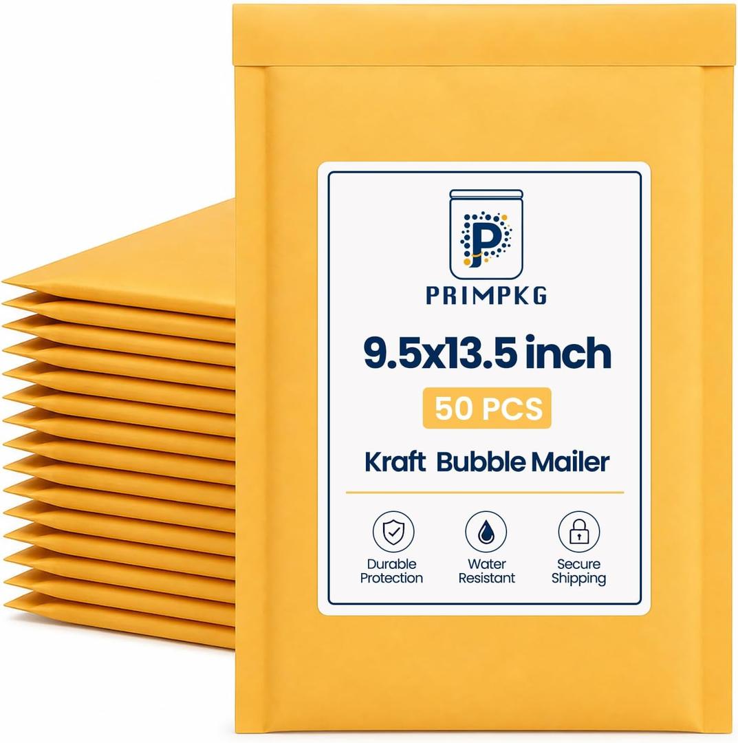 Kraft Bubble Mailers 9.5x13.5in Exterior, 8.7x13.5in Interior, 50 Pack Large Padded Envelopes, Self-Seal Tear Resistant, Parcel Packaging for Ecommerce Supplies & Product Wrapping