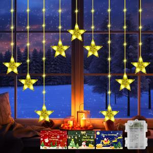 GLOONITY Fairy Lights for Festive Decoration, LED String Lights, IP65 Waterproof 9 Stars Curtain Lights Battery Operated with Timer 8 Mode, Warm White LED Lamps for Outdoor Use