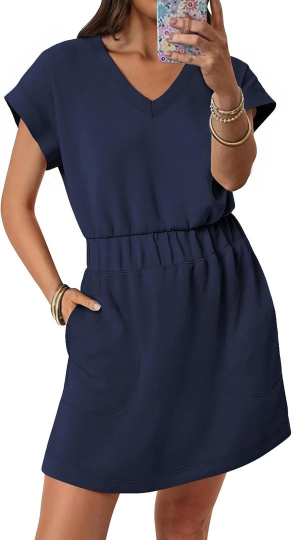ANRABESS Womens Summer Dresses Casual V Neck Short Sleeve Elastic Waist Mini Tshirt Dress Beach Vacation Sundress with Pocket (Blue, XXL)