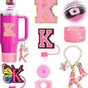 2 x 7PCS Stanley Cup Accessories Set - Pink Tumbler Initials Decorations for 30oz 40oz, Includes Bow Straw Topper, Handle Charm, Letter Sticker, Silicone Boot, Spill Proof Stopper (Letter A-Z)