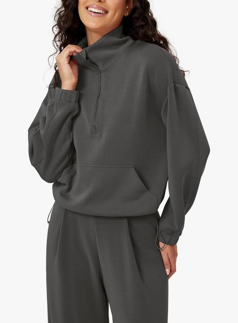 ODODOS Women's Modal Soft Cinchable Sweatshirts Half Zipper Funnel Neck Oversize Pullover with Pockets,S