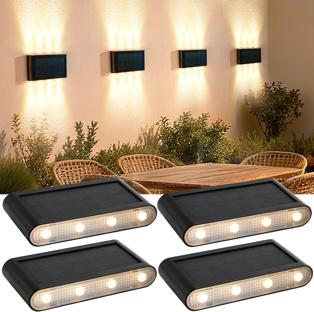 Solar Wall Lights Outdoor, 3000K Warm White, Waterproof, Stylish Modern Lights, Bright Solar Up and Down Wall Sconce Lighting with 8 LED for Exterior, Porch, Patio, Fence, Garage (4PK)