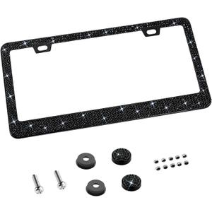 XCLPF Bling License Plate Frame for Women, 1PCS Sparkly Stainless Steel License Plate Frames| Over 1200 pcs 14 Facets Bedazzled Clear Glass Diamond Rhinestone Crystals w/Free Glitter Diamond Black