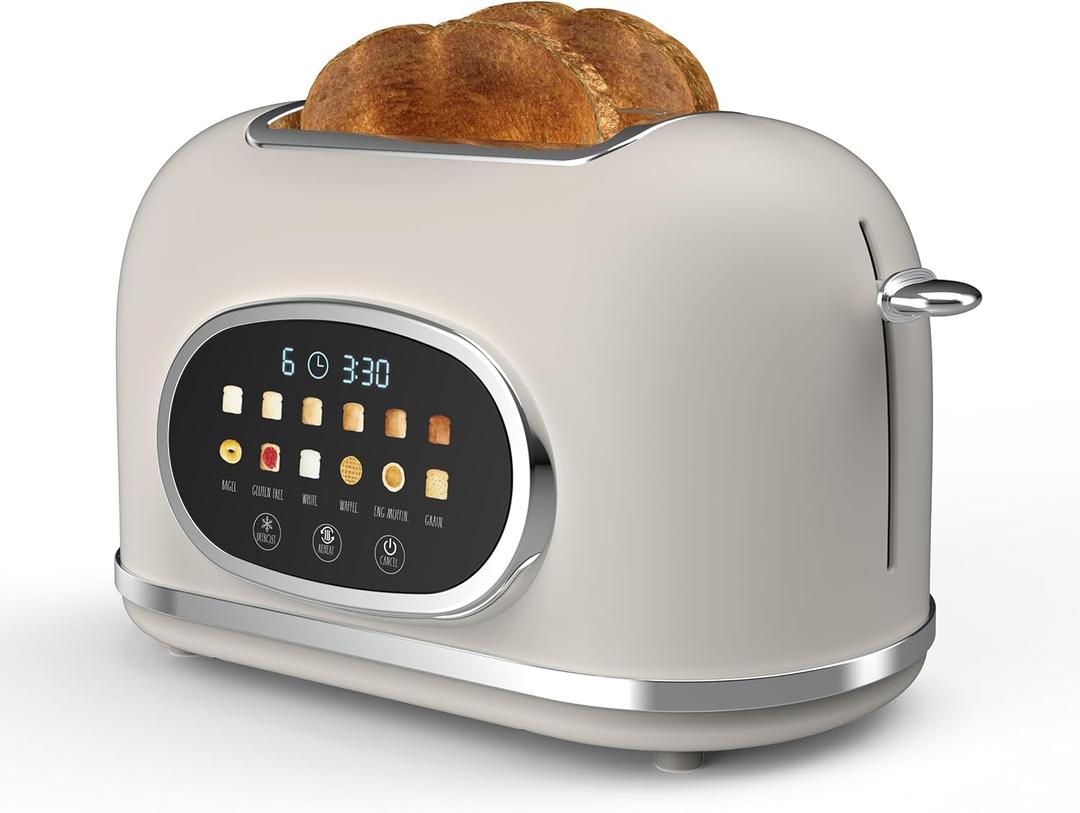 Rae Dunn Retro Digital Electric Toaster, 2 Slice Stainless Steel Toaster With Touchscreen, Countdown Timer, 6 Shade Settings, Wide Slots, High Lift Lever, Bagel, Defrost & Reheat, Digital Cream