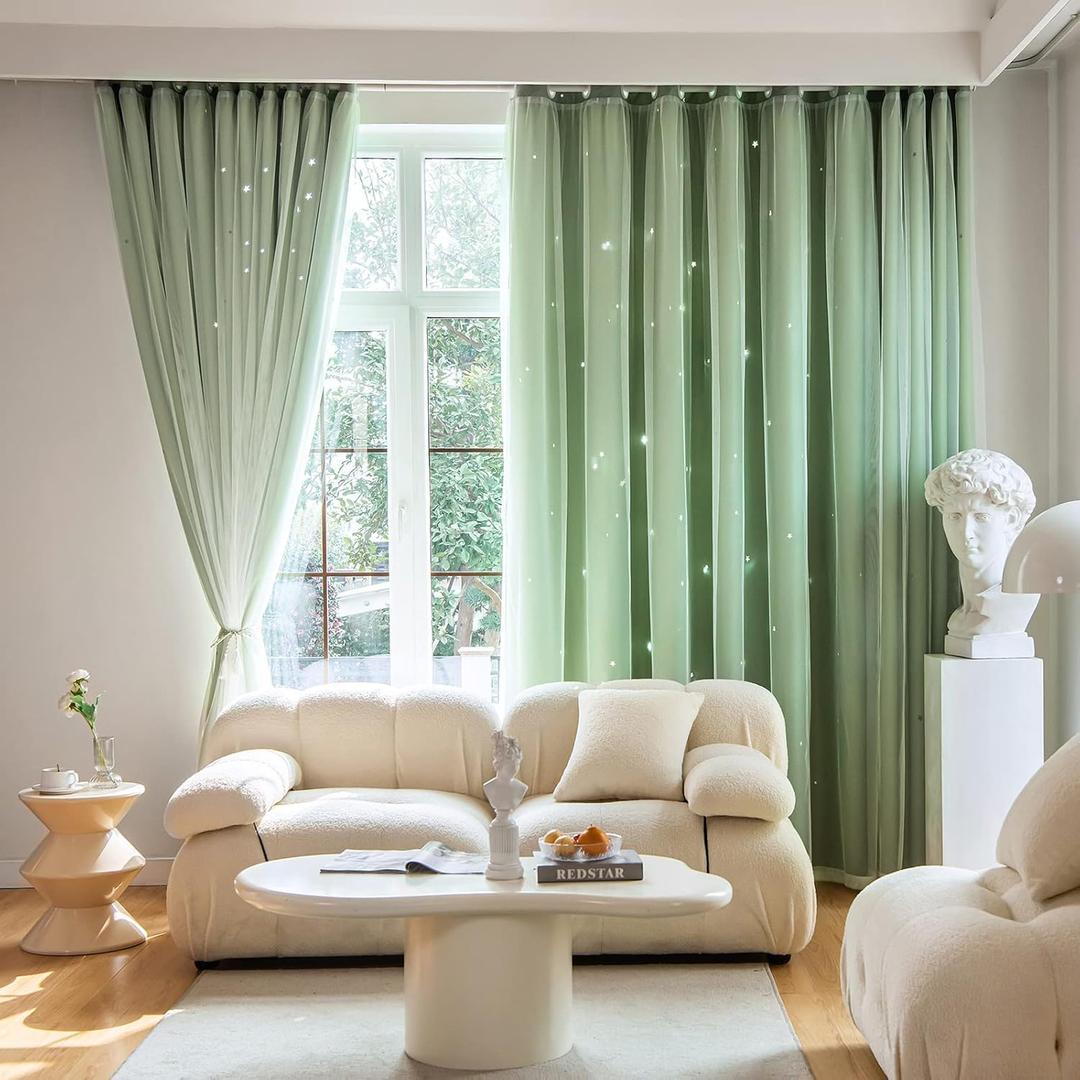 Stars Curtains Blackout Curtains for Bedroom Double Layer Curtains Kids Curtains Cute Curtains Kids Blackout Curtains, Curtains 72 Inches Long 1 Panel, Green Curtains, 52 X 72 Inches (52"W x 72"L (Pack of 1))