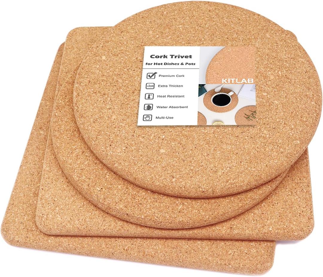 Cork Trivet, High Density Fine Particle Thick Cork Trivets for Hot Dishes, 8 Inch Heat Resistant Cork Coaster, Cork Placemats Cork Hot Pads for Hot Pots and Pans, 4 Pcs (2 Round + 2 Square)