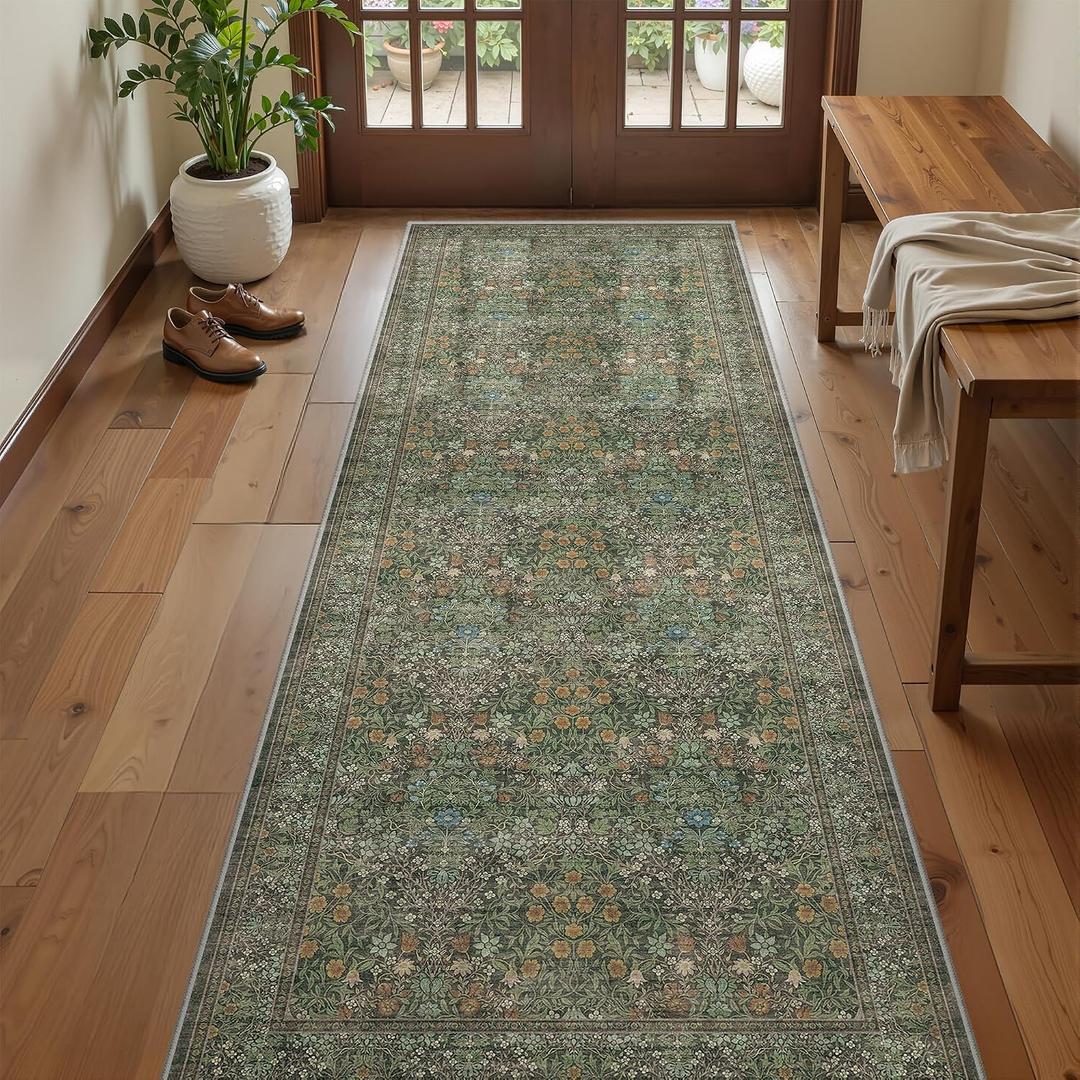 2x6 Runner Rug, Green Floral Rug for Entryway, Moynesa Washable Kitchen Rugs with Rubber Backing, Thin Soft Botanical Runners for Hallways, Bedroom, Laundry, Bathroom(2'x6', Dark Green)