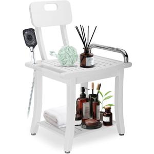 Magam Teak Shower Bench with Back Support, 18.7 inch Solid Wood Shower Stool Waterproof Shower Seat, Inside Shower Legs Shaving, Use for Bathing and Sauna,Suitable for The Elderly, Young Women etc (White)