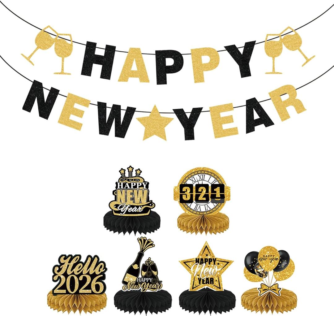 New Year Decorations 2026  Black & Gold Happy New Year Banner with Honeycomb Centerpieces, Glitter NYE Party Decoration Set for Home, Office & New Years Eve Celebrations