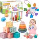 4-in-1 Baby Toys for 6-12 Months, Montessori Soft Stacking Blocks for Babies, Infants Teething Toys, Sensory Balls and Educational Learning Set for Toddlers (Boys & Girls)