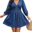 Women's Denim Plus Size Dress Long Sleeve V Neck Button High Waist Pleated A Line Midi Dress (Blue, 5X-Large)