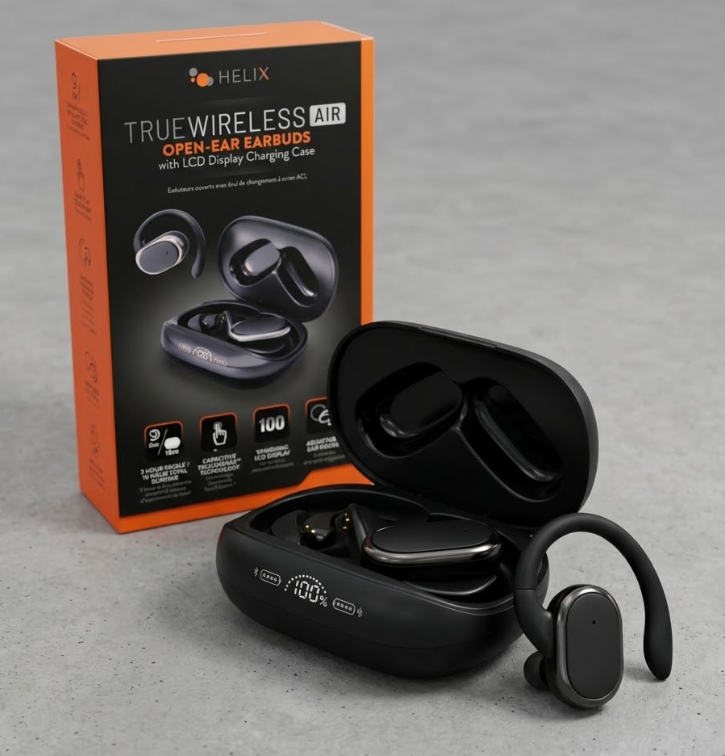 Helix True Wireless Air Open-Ear Earbuds wit LCD Display Charging Case, Black