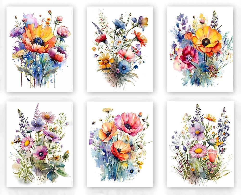ZOQIPQO Watercolor Minimalist Wildflowers Art Print, Colorful Wildflower Art, Flower Pictures Canvas Wall Art, Colorful Floral Flower Print for Garden Farmhouse Bedroom Decor, 6pcs(8"x10", Framed)