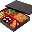 Restaurantware-12.2 x 9.8 x 2.4 Inch Compartment Lunch Container, 1 Japanese Style Adult Lunch Container - With 6 Compartments, Greaseproof, Black & Red Plastic Divided Lunch Box, Hot & Cold Food (Large)