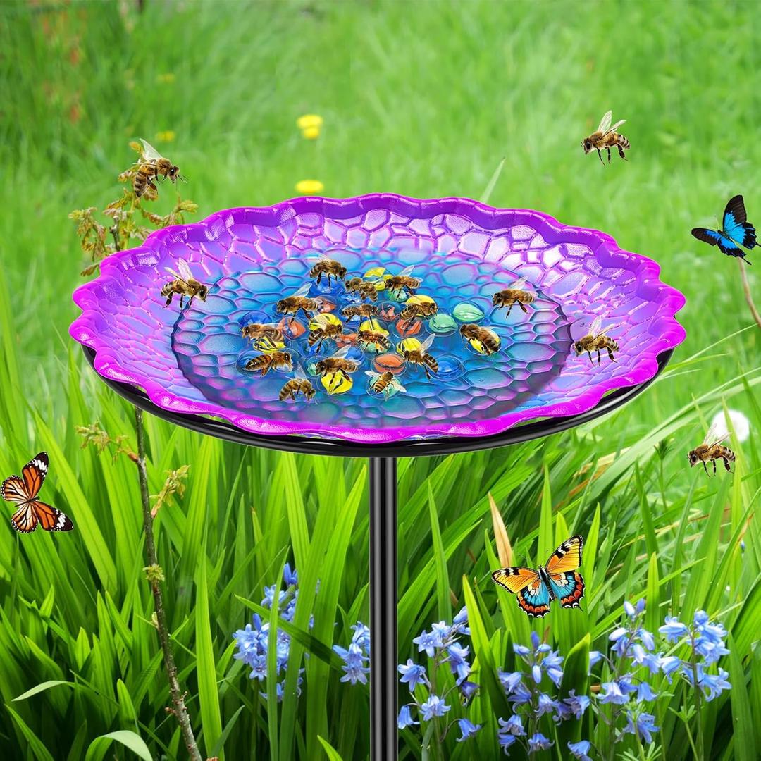Bee Butterflies Watering Station, Standing Bee Feeder with Glass Marbles for Outside, Bee Bath Feeder with Metal Stakes Butterfly Puddler Garden Yard Dco (Purple)