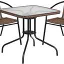 Flash Furniture Lila 3-Piece 28" Square Indoor/Outdoor Patio Table and Chairs Set, Glass Metal Bistro Table and 2 Stacking Rattan Chairs, Brown