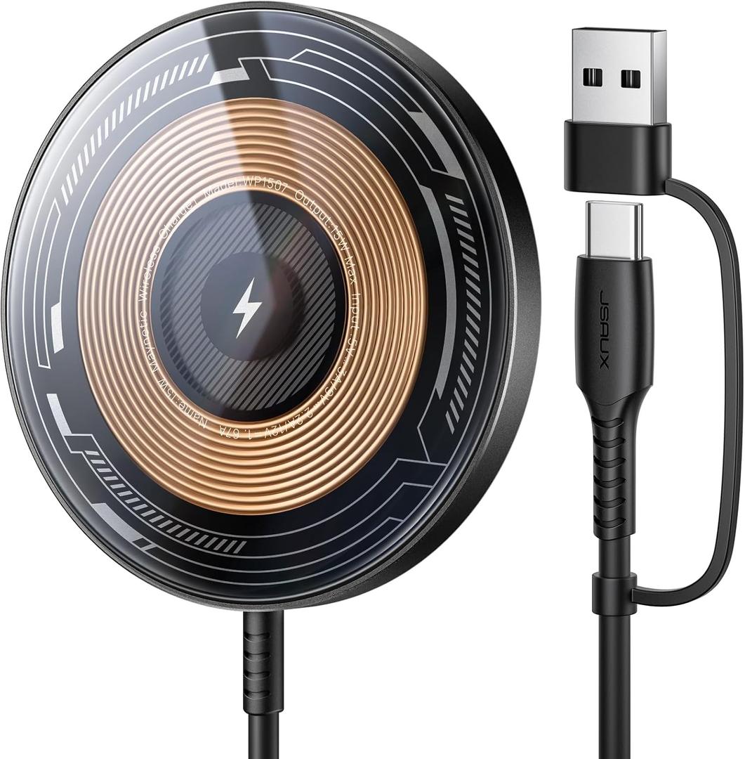 JSAUX Charger for iPhone 17 Magsafe Wireless Charging, Compatible with iPhone 17 Air Pro Max/16/15/14/13/12 Series, Magnetic Mag Safe Charging Pad, Aluminum Alloy, USB & USB C Dual Ports (Clear-Black)