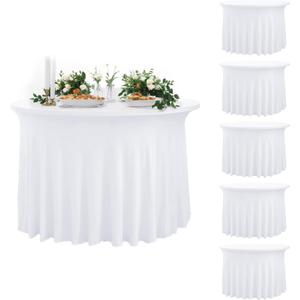 White Round Tablecloth, 5 Pack Stretchy Table Cloth Round Cover for 60 inch Table,Spandex Wrinkle Free 128 Inch Circle Table Covers with Skirt for Wedding Easter Birthday Party Restaurant