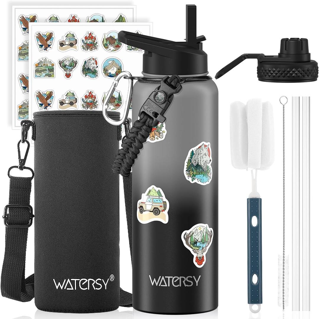 40oz Insulated Water Bottle (Cold for 48 Hrs),BPA Free&Leak Proof,Stainless Steel Water Flask,Water Jug with Straw Spout Lids for Gym,Hiking,Travel,Grey Black
