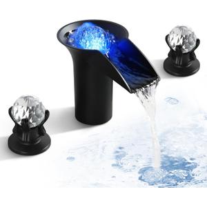 SKOWLL Waterfall Bathroom Faucet, Sink Faucet Bathroom 3 Hole Black and Crystal Faucet with LED Light Deck Mount 2 Handle