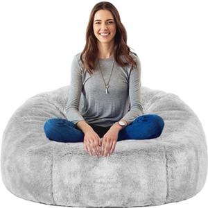 Taotique 4FT Giant Bean Bag Chair Cover (Cover only, No Filler) Soft Faux RH Fur Sofa Bed Washable Bean Bag Couch Cover for Adult and Kids with Liner (Light Gray)